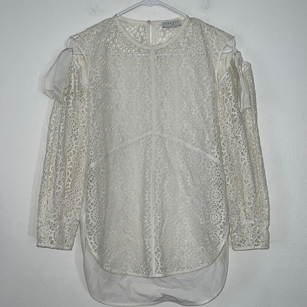 Sandro Paris White Eyelet Off Shoulder Sheer Blouse Size 1 Small